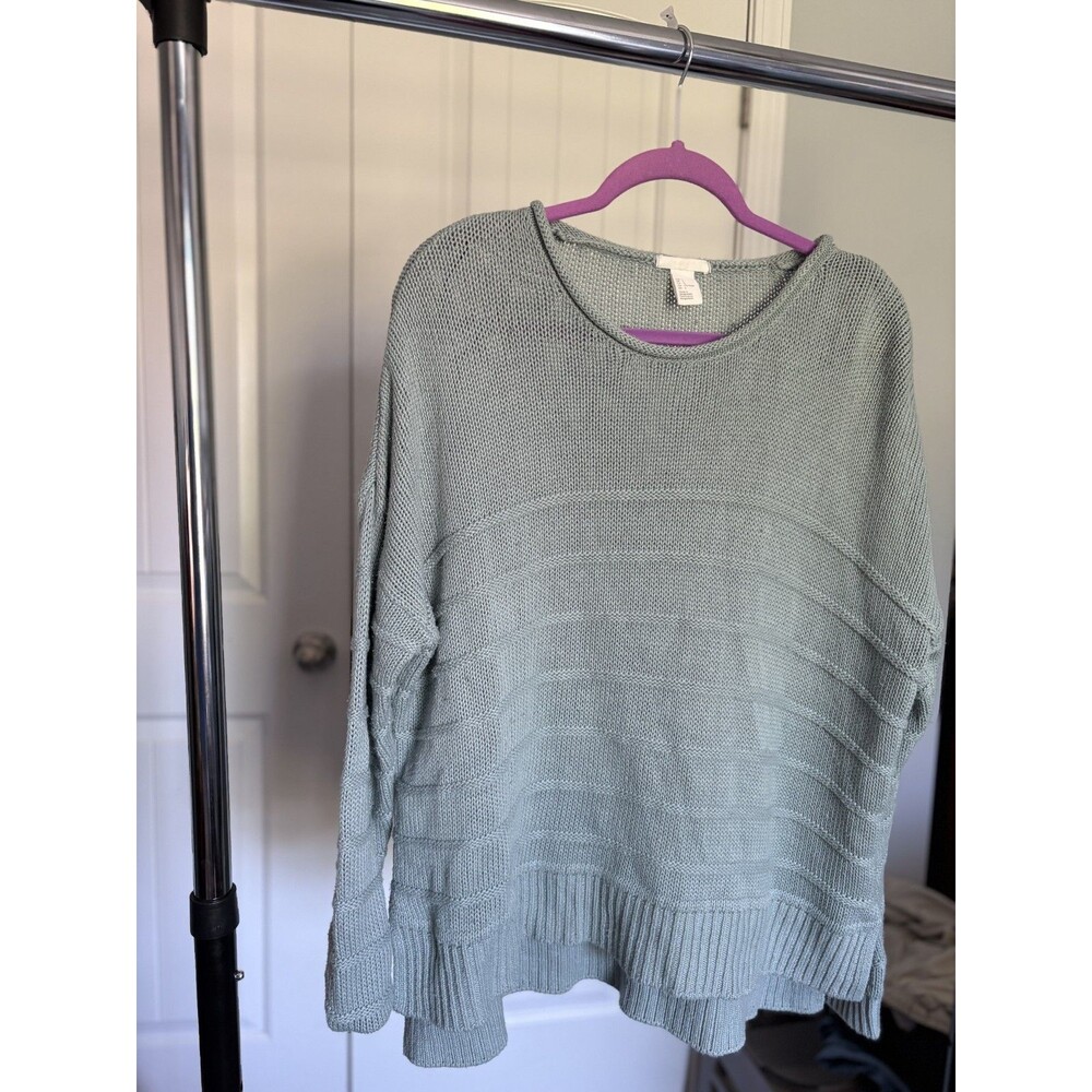 H&M Women’s Large Blue Gray Knit Sweater Lightweight Ribbed Hem Pullover